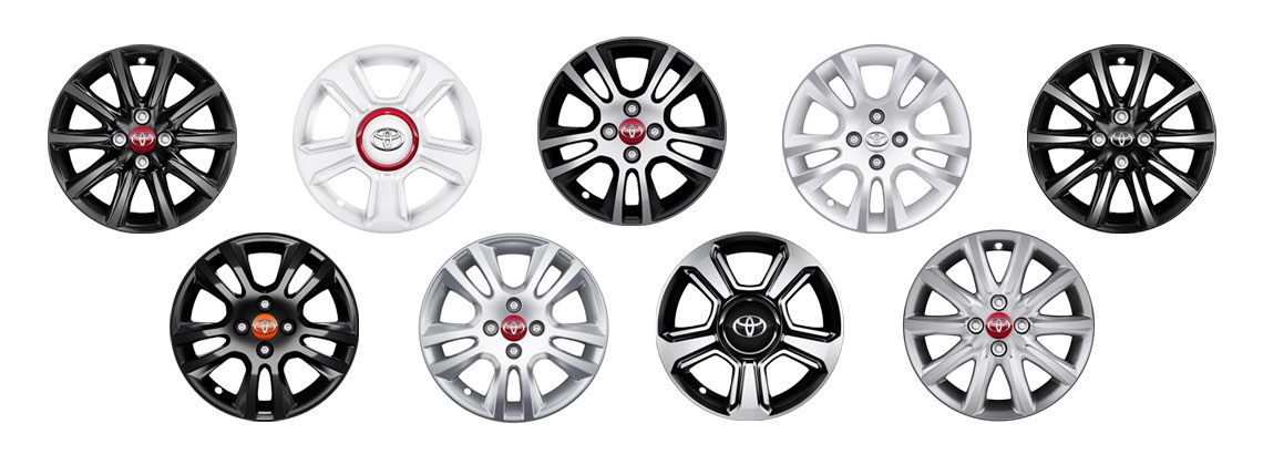 Different coloured AYGO wheels in lines
